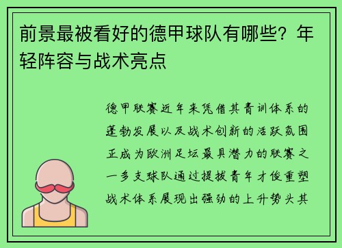 前景最被看好的德甲球队有哪些?年轻阵容与战术亮点